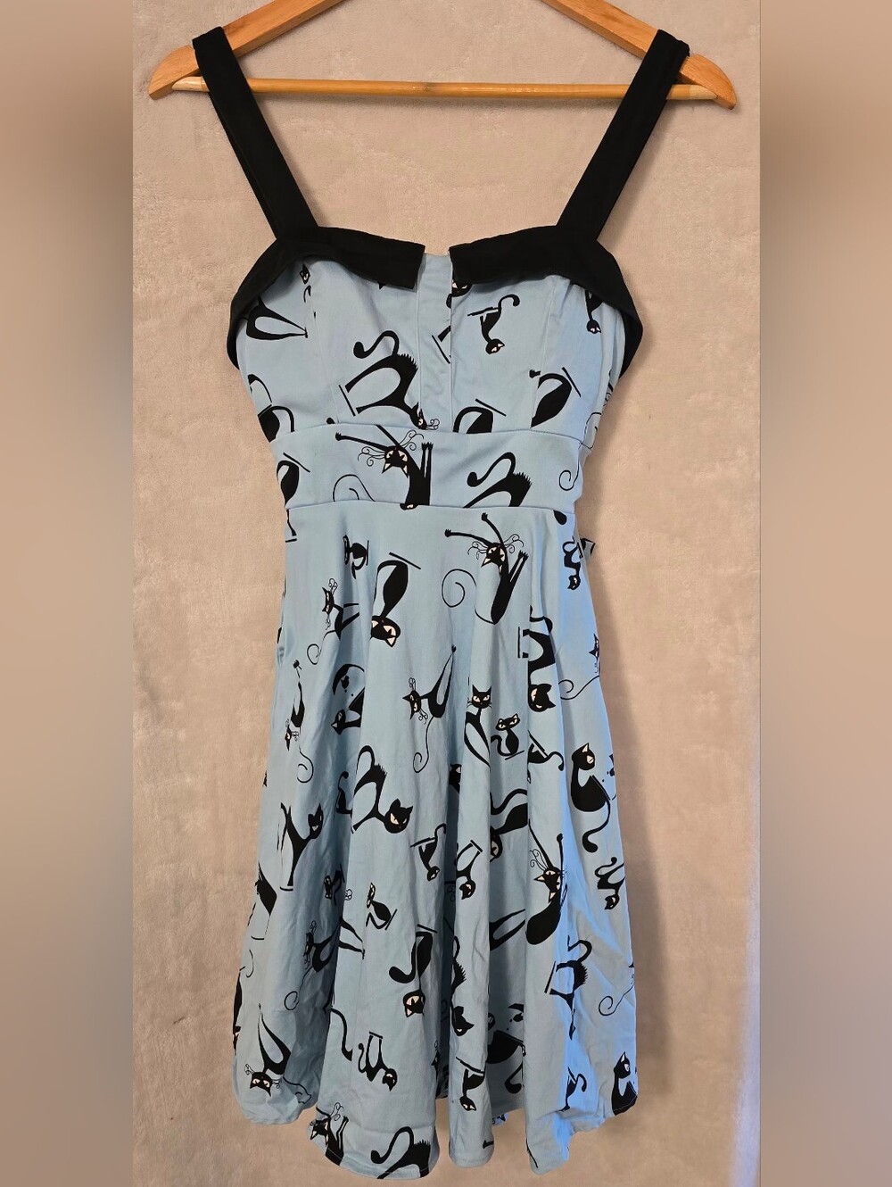 PIN-UP STYLE BLACK CAT DRESS LIGHT BABY BLUE SIZE SMALL